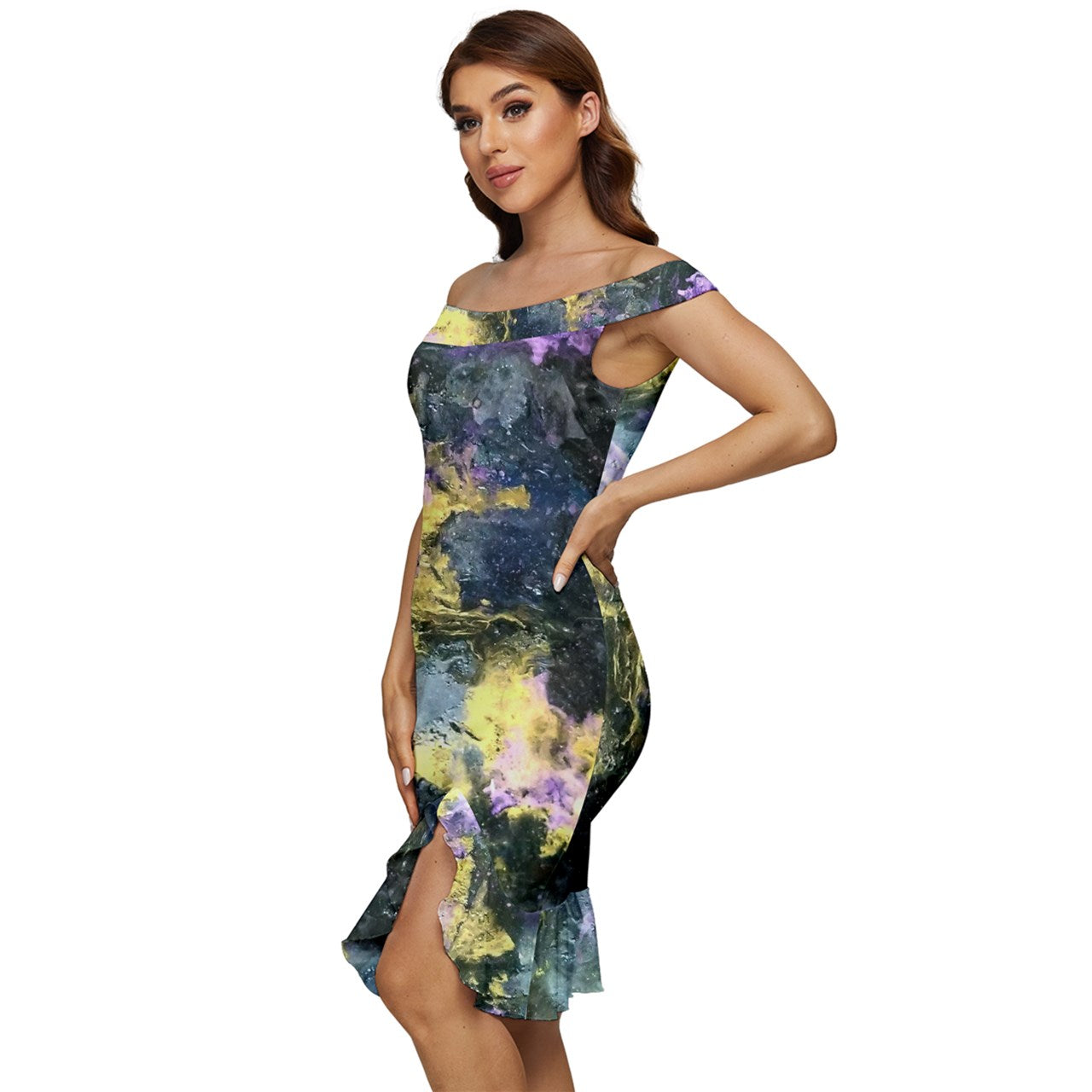 Golden Galaxy Off Shoulder Ruffle Split Hem Bodycon Dress