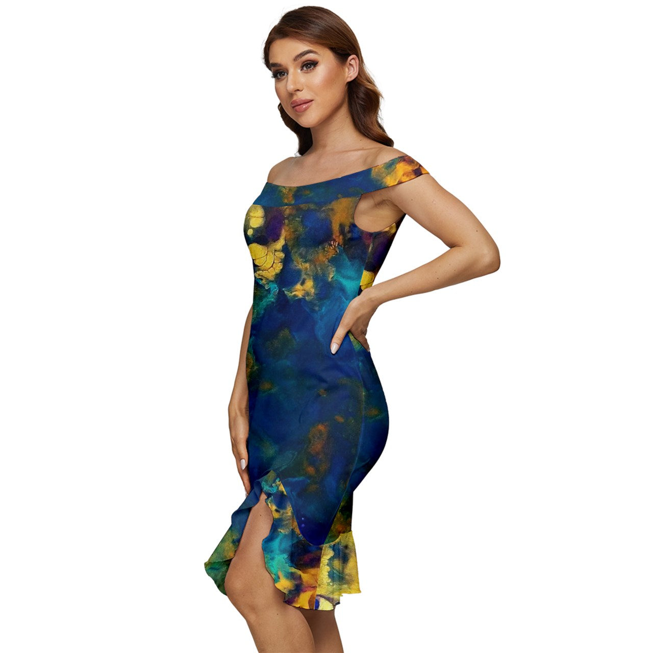 Galactic Atlantis Off Shoulder Ruffle Split Hem Bodycon Dress