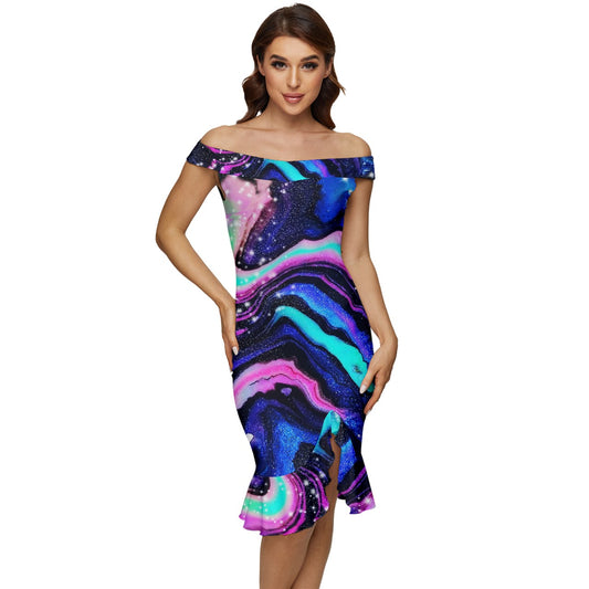 Galactic Beauty Off Shoulder Ruffle Split Hem Bodycon Dress