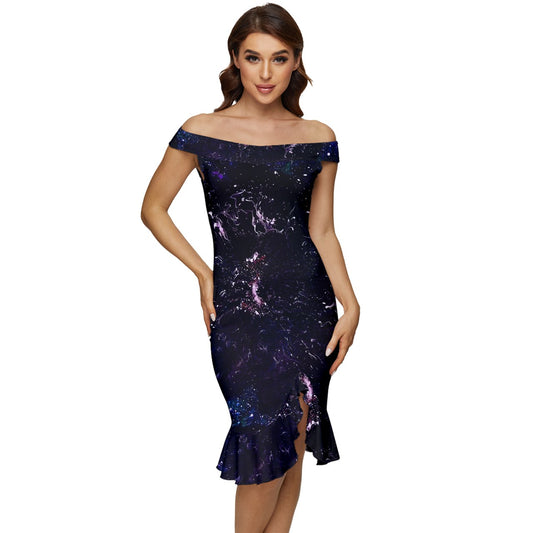 Galactic Darkness Off Shoulder Ruffle Split Hem Bodycon Dress