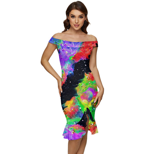 Galactic Rainbow Off Shoulder Ruffle Split Hem Bodycon Dress