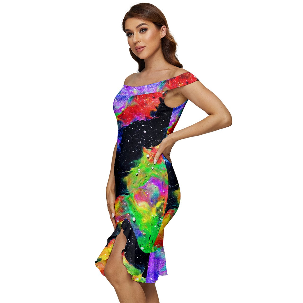 Galactic Rainbow Off Shoulder Ruffle Split Hem Bodycon Dress