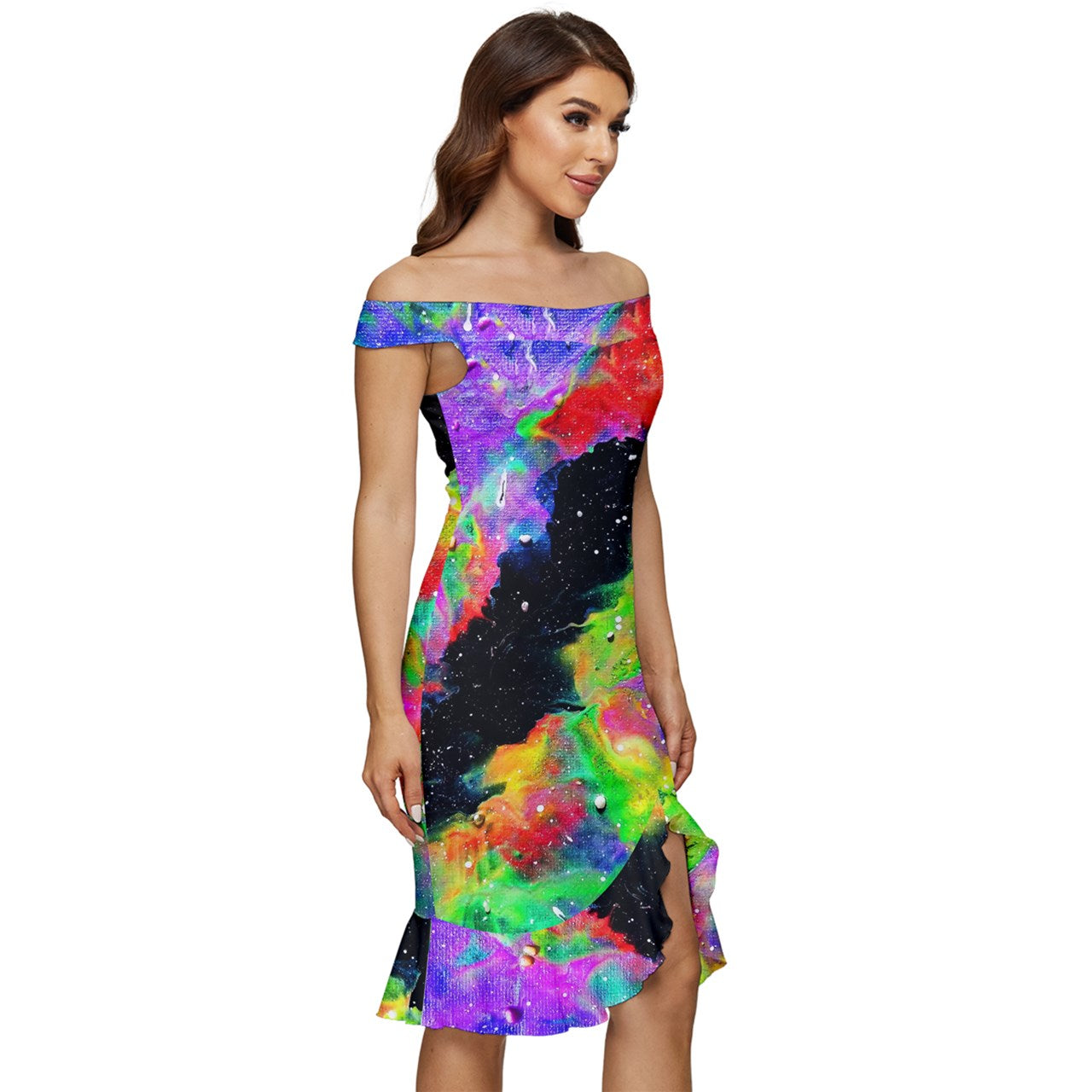 Galactic Rainbow Off Shoulder Ruffle Split Hem Bodycon Dress