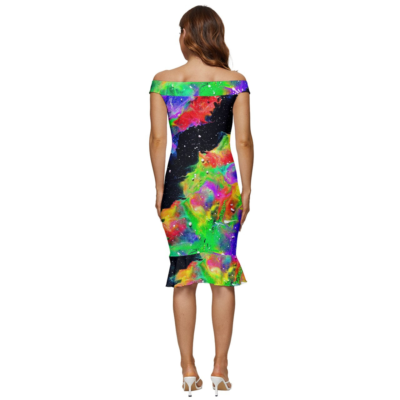 Galactic Rainbow Off Shoulder Ruffle Split Hem Bodycon Dress