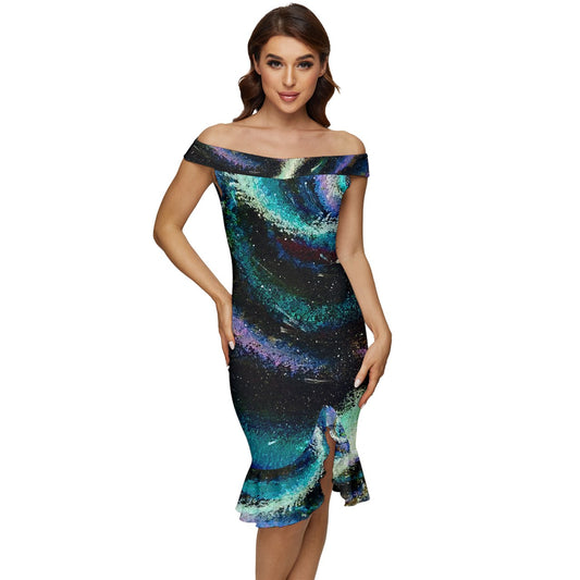 Galactic Sea Off Shoulder Ruffle Split Hem Bodycon Dress