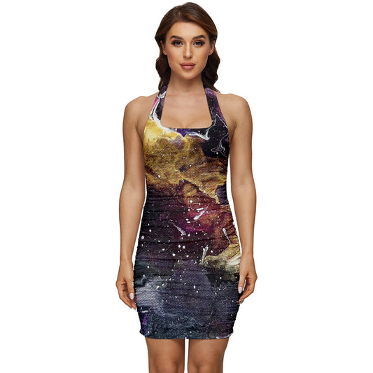 Galactic Clouds Sleeveless Wide Square Neckline Ruched Bodycon Dress