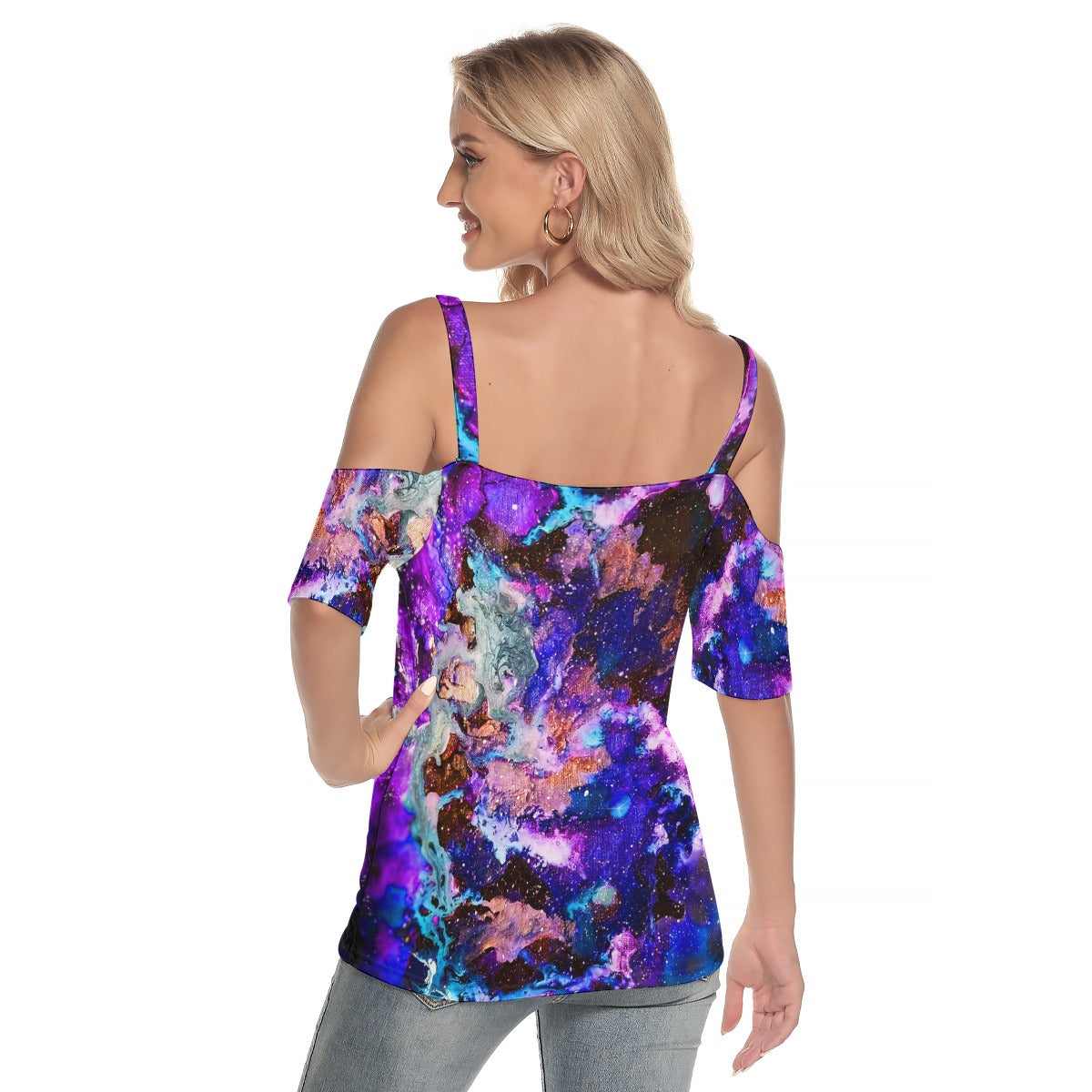 Purple Blue Galaxy Women's Cold Shoulder T-shirt With Criss Cross Strips