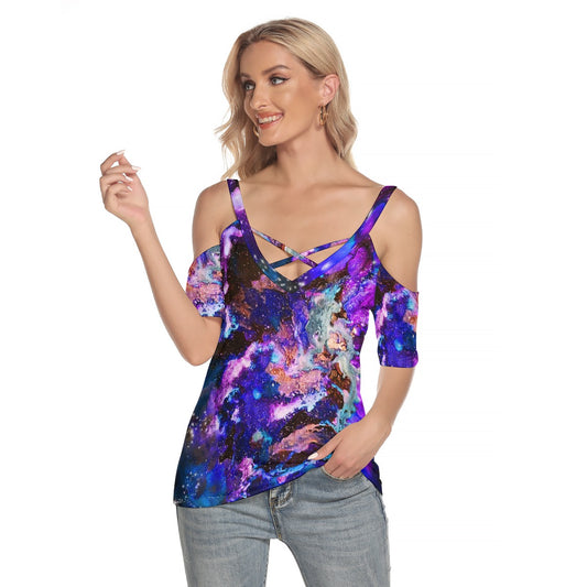 Purple Blue Galaxy Women's Cold Shoulder T-shirt With Criss Cross Strips