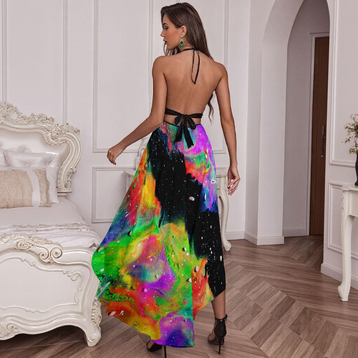Galactic Rainbow Women’s Elegant Mesh Lace Evening Dress