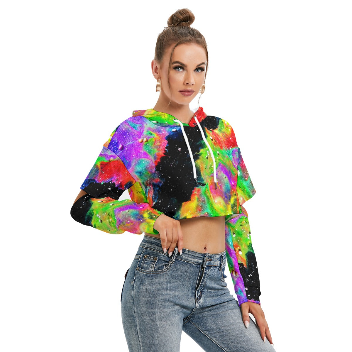 Galactic Rainbow Women's Heavy Fleece Hoodie With Hollow Out Sleeve