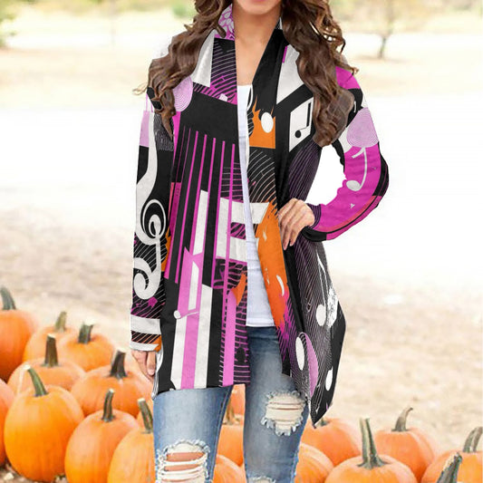 Music Notes Pink/Purple Women's Cardigan With Long Sleeve