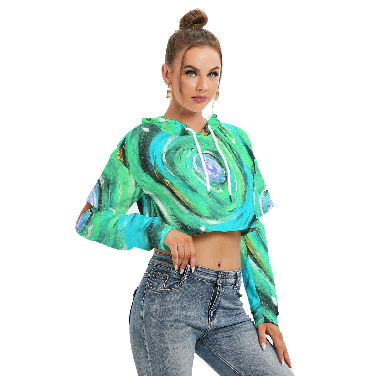 Infinite Teal Women's Heavy Fleece Hoodie With Hollow Out Sleeve
