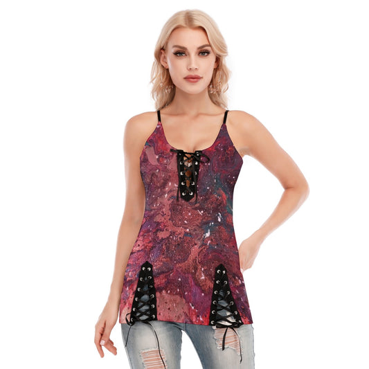 Heaven Meets Universe Red Women's V-neck Eyelet Lace-up Cami Dress