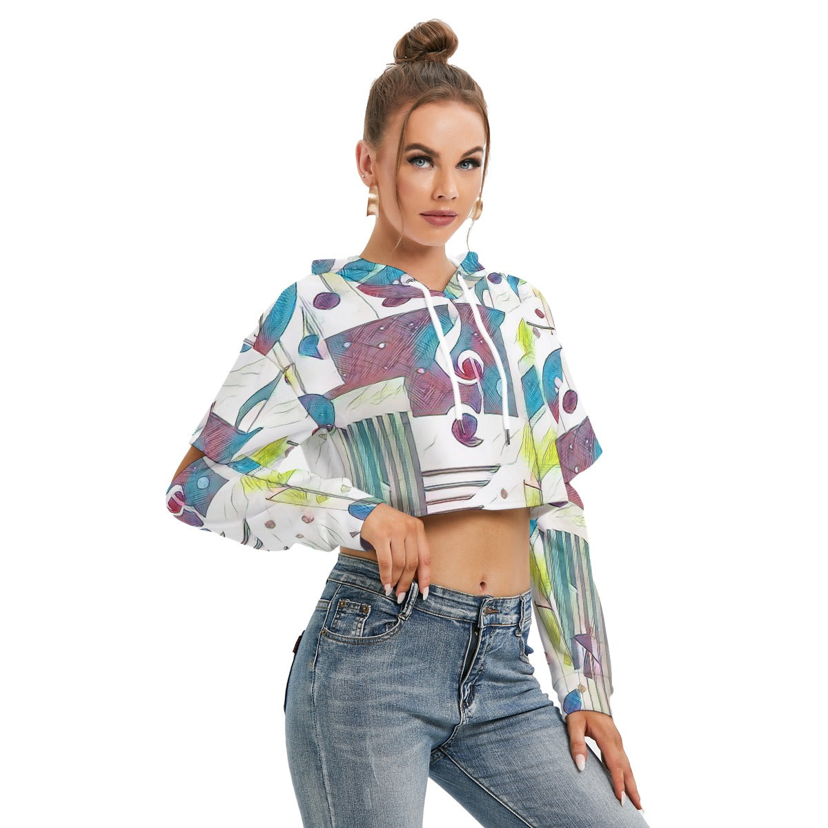 Music Notes Women's Heavy Fleece Hoodie With Hollow Out Sleeve
