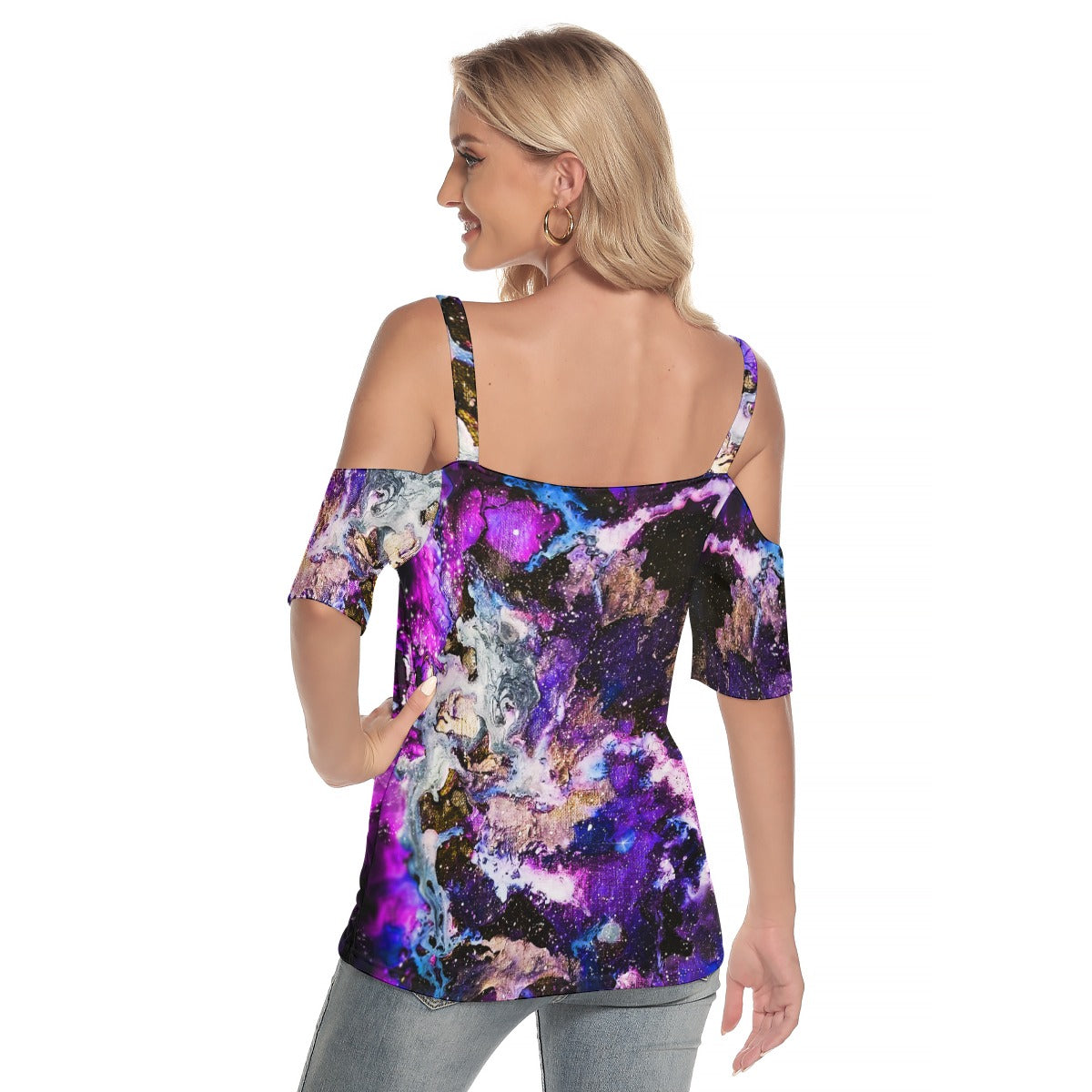 Purple Blue Galaxy Women's Cold Shoulder T-shirt With Criss Cross Strips