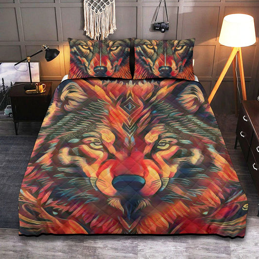 Fiery Wolf Quilt & Pillow Cases With  Edge-wrapping Strips