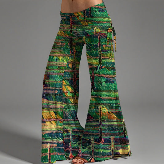 Drip Green Print Women's High Waist Wide Leg Pants