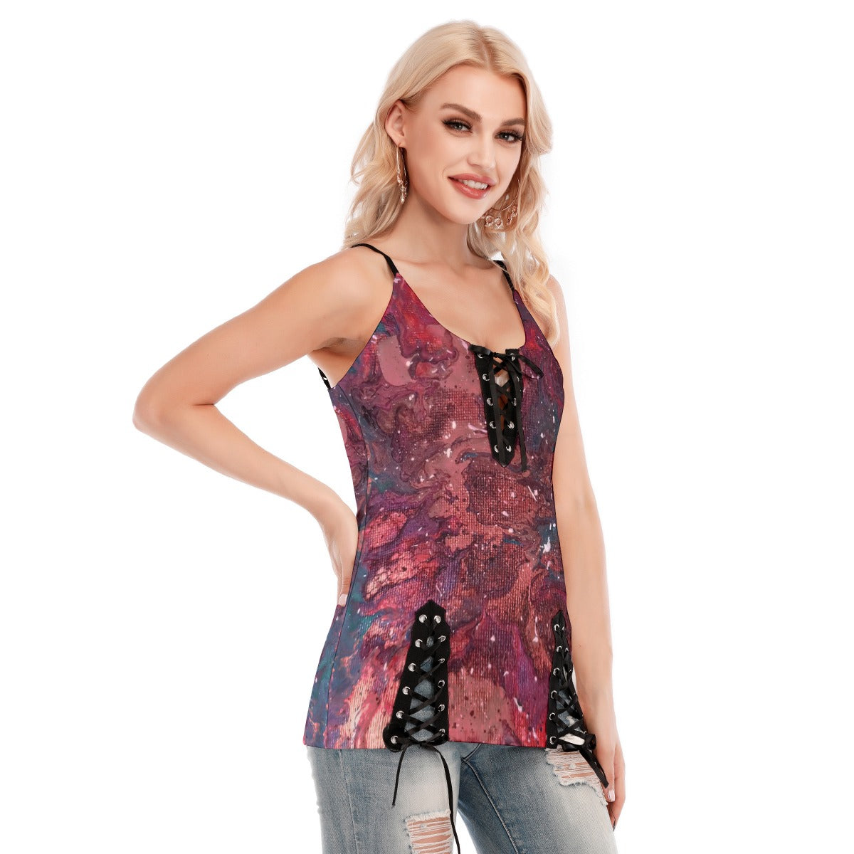 Heaven Meets Universe Red Women's V-neck Eyelet Lace-up Cami Dress