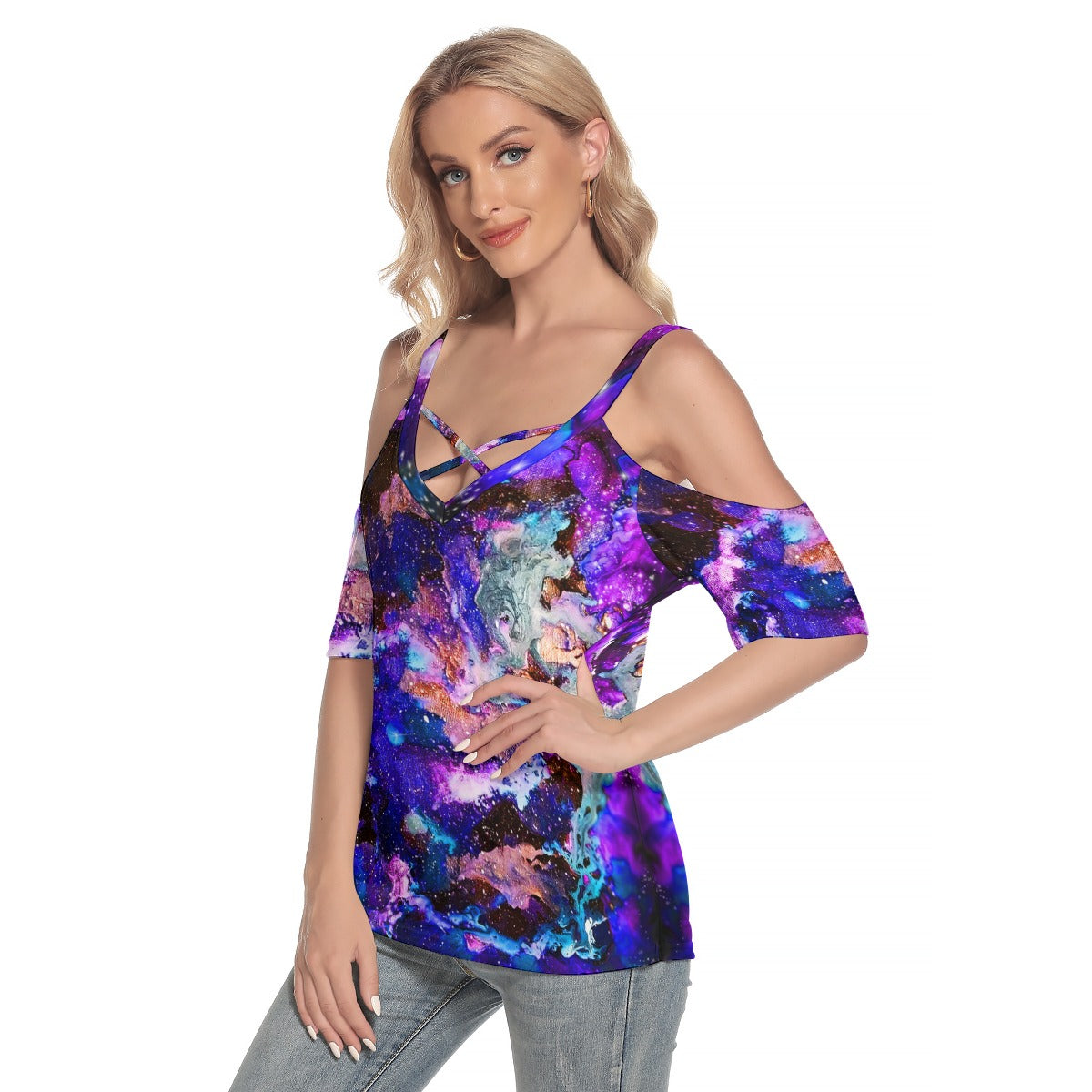 Purple Blue Galaxy Women's Cold Shoulder T-shirt With Criss Cross Strips