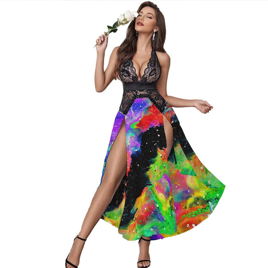 Galactic Rainbow Women’s Elegant Mesh Lace Evening Dress