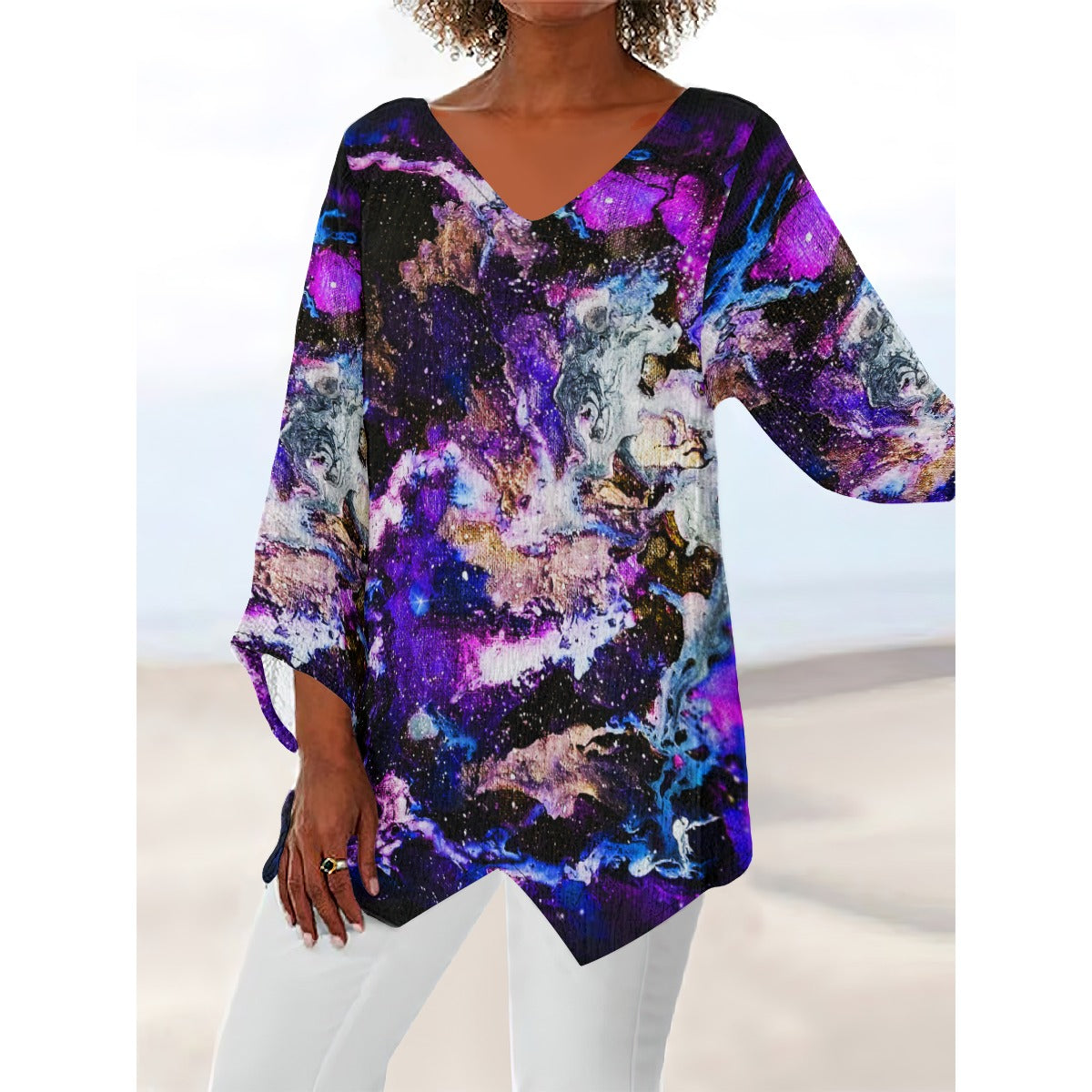 Purple Blue Galaxy Women's V-neck T-shirt With Irregular Hem