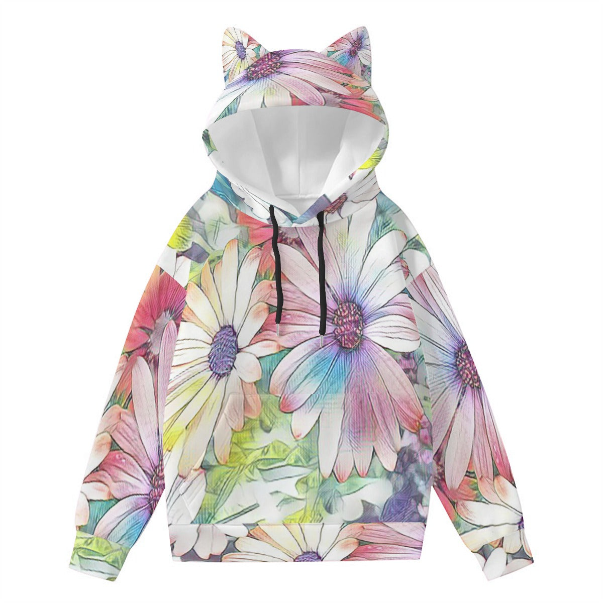 Rainbow Daisies Women’s Hoodie With Decorative Ears