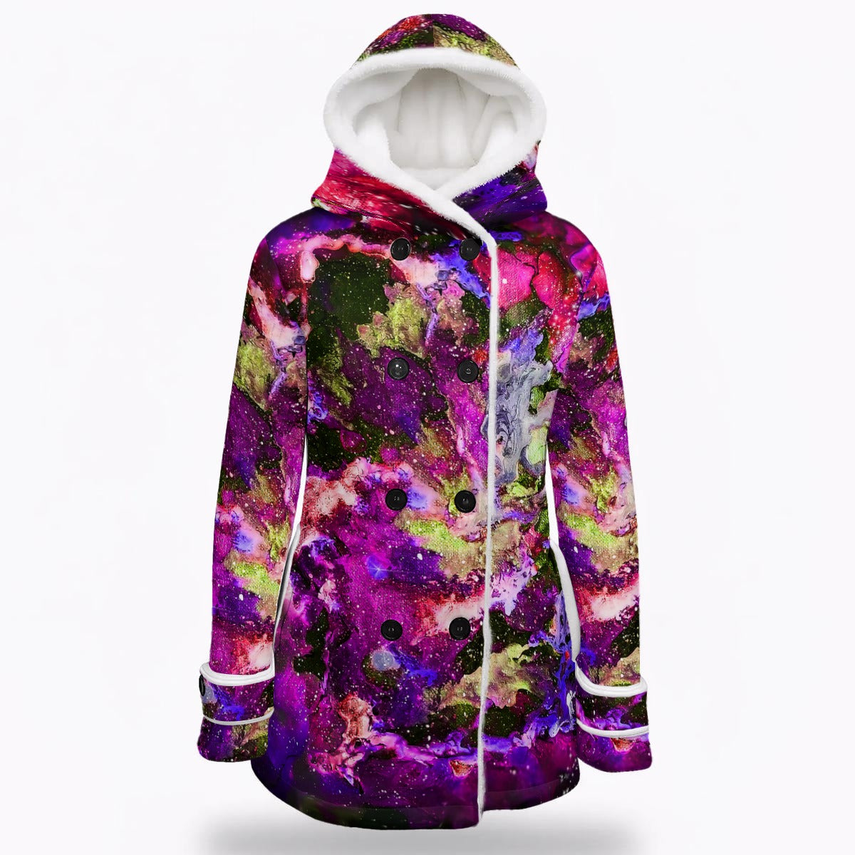 Hot Pink Galaxy Women's Hooded Double-Breasted Winter Coat With Fleece