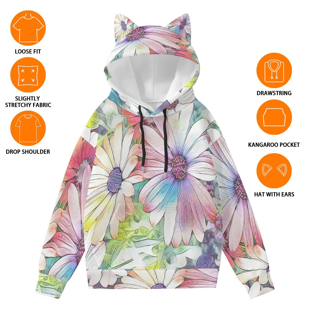 Rainbow Daisies Women’s Hoodie With Decorative Ears