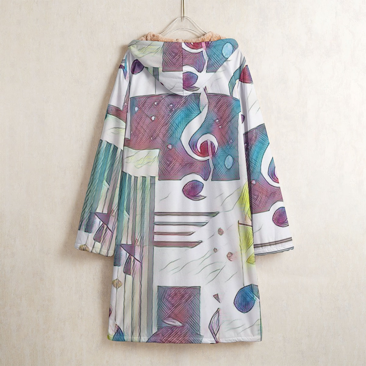 Music Notes Rainbow Horn Button Long Fleece Windbreaker