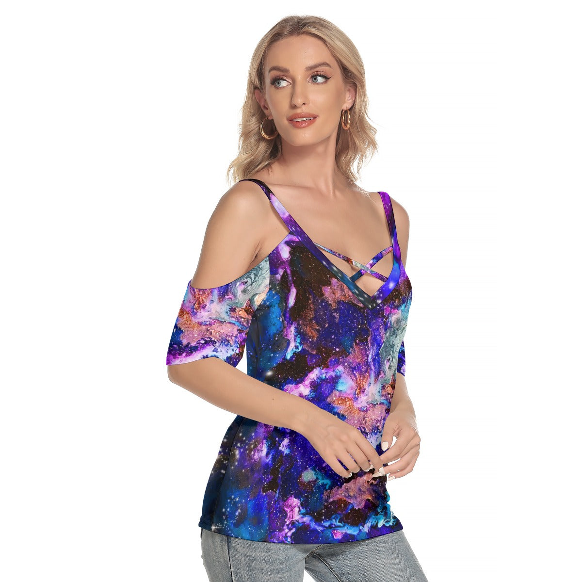 Purple Blue Galaxy Women's Cold Shoulder T-shirt With Criss Cross Strips