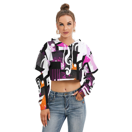 Music Notes Pink/Purple Women's Heavy Fleece Hoodie With Hollow Out Sleeve