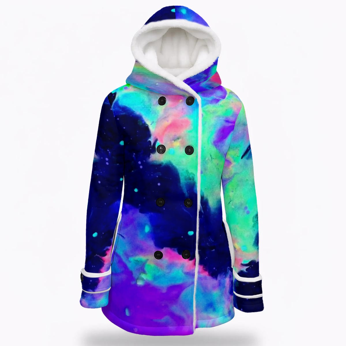 Neon Galactic Rainbow Women's Hooded Double-Breasted Winter Coat With Fleece