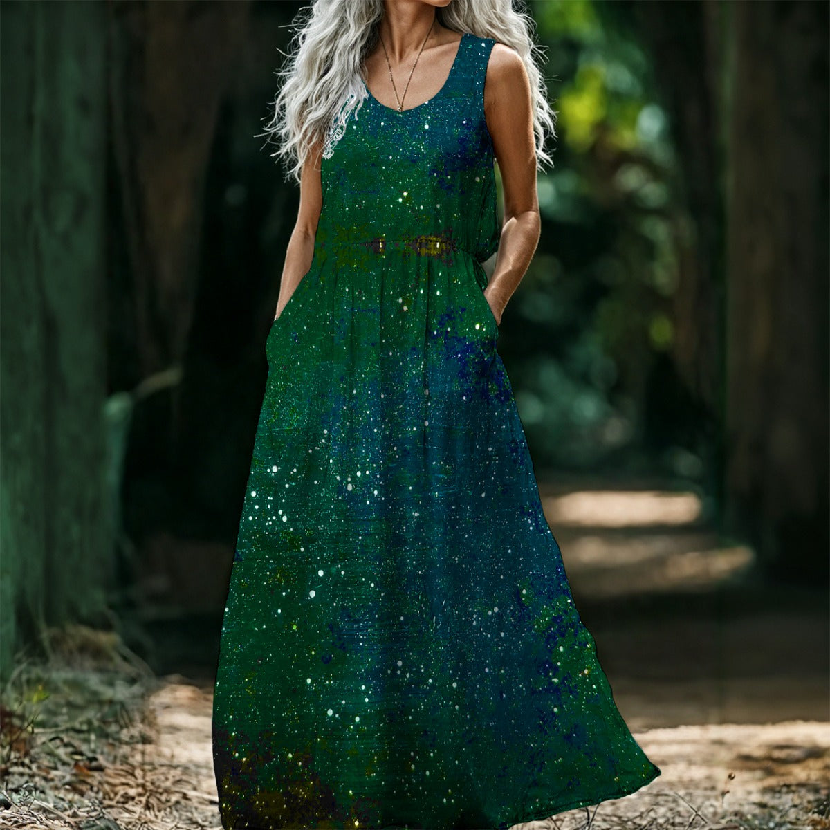Galactic Atmosphere Teal Women’s Sleeveless Maxi Dress