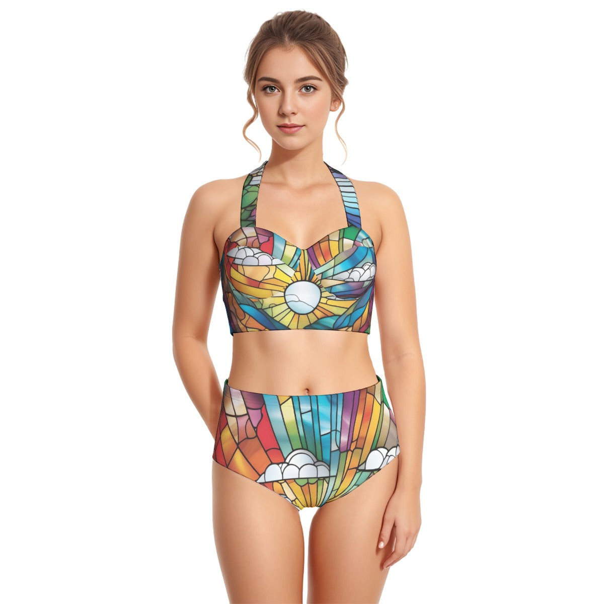 Stained Glass Sunset Women's Swimsuit Set With Halter