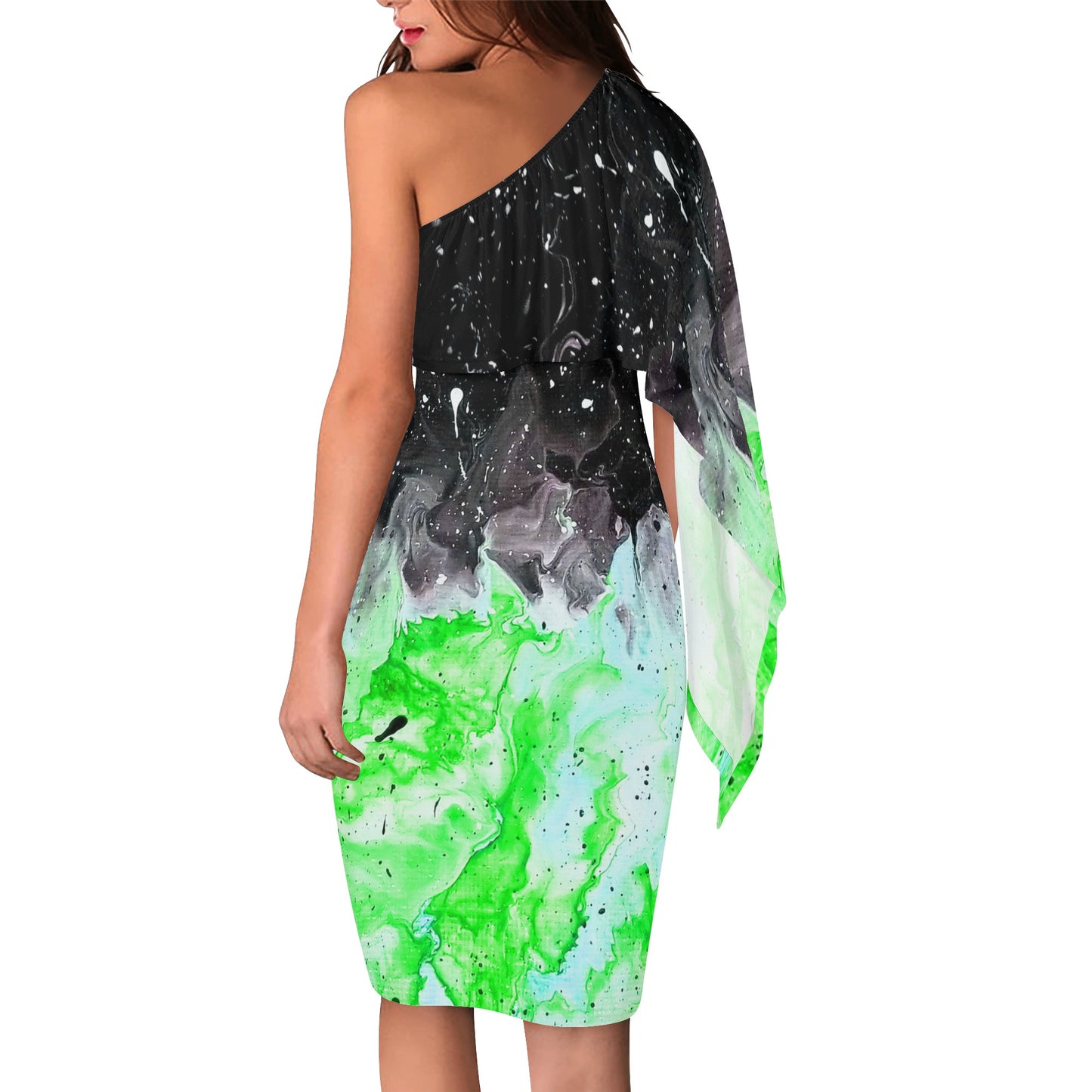 Galactic Fire GREEN Womens One Shoulder Sleeve Evening Formal Dress