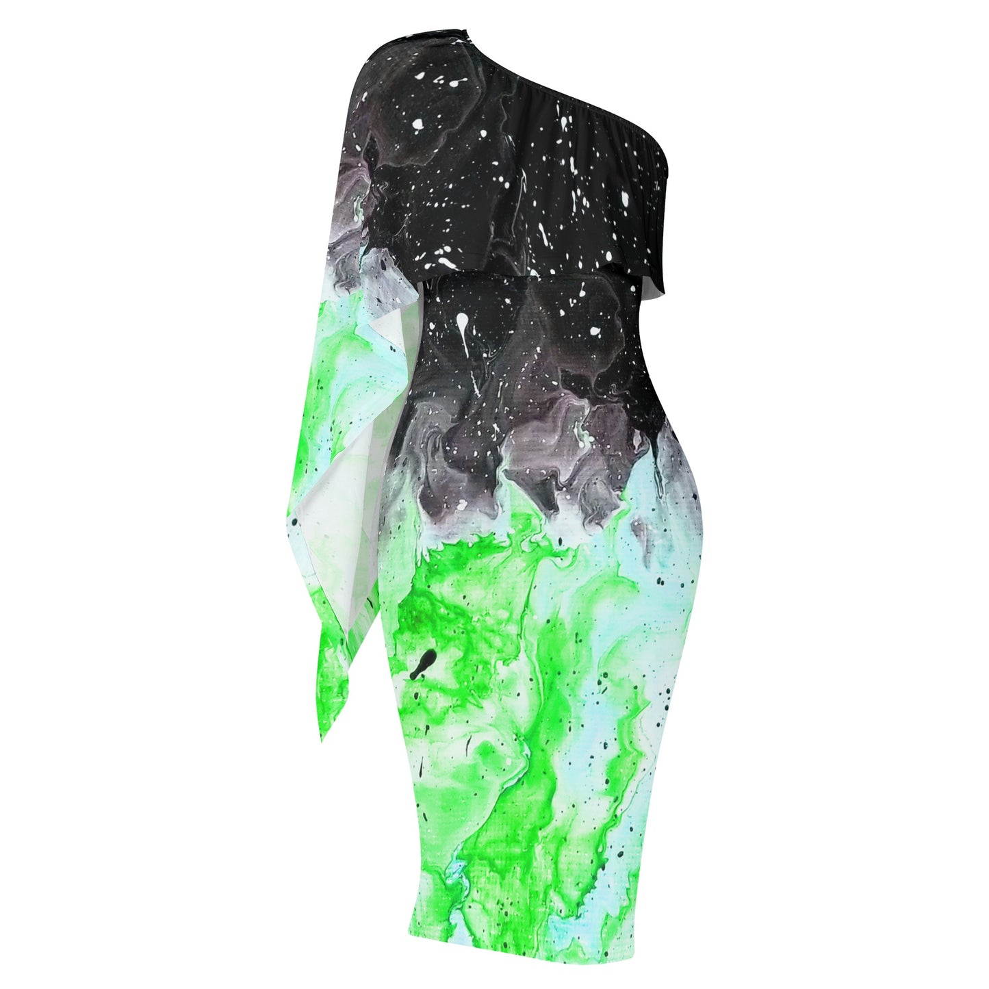 Galactic Fire GREEN Womens One Shoulder Sleeve Evening Formal Dress