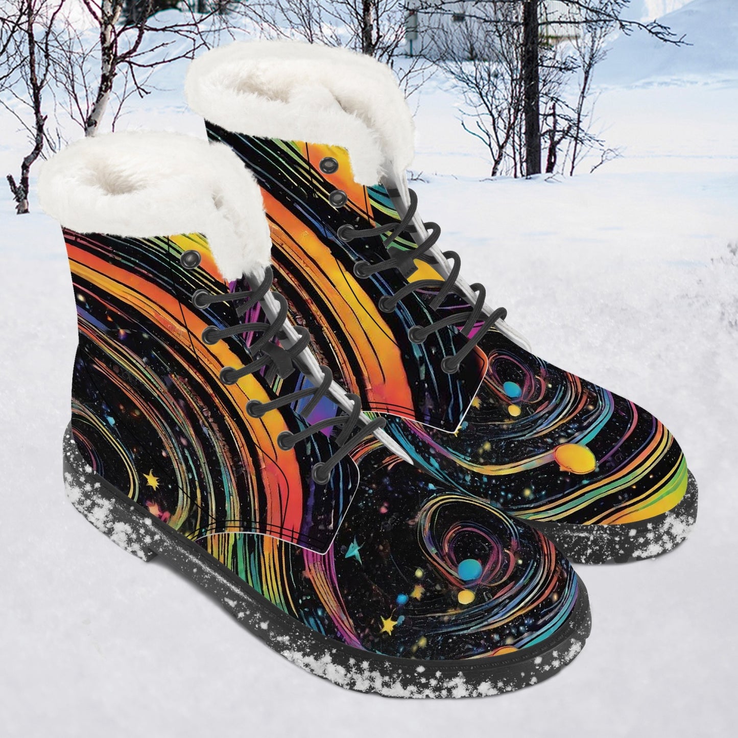 Psychedelic Space Faux Fur Leather Boots