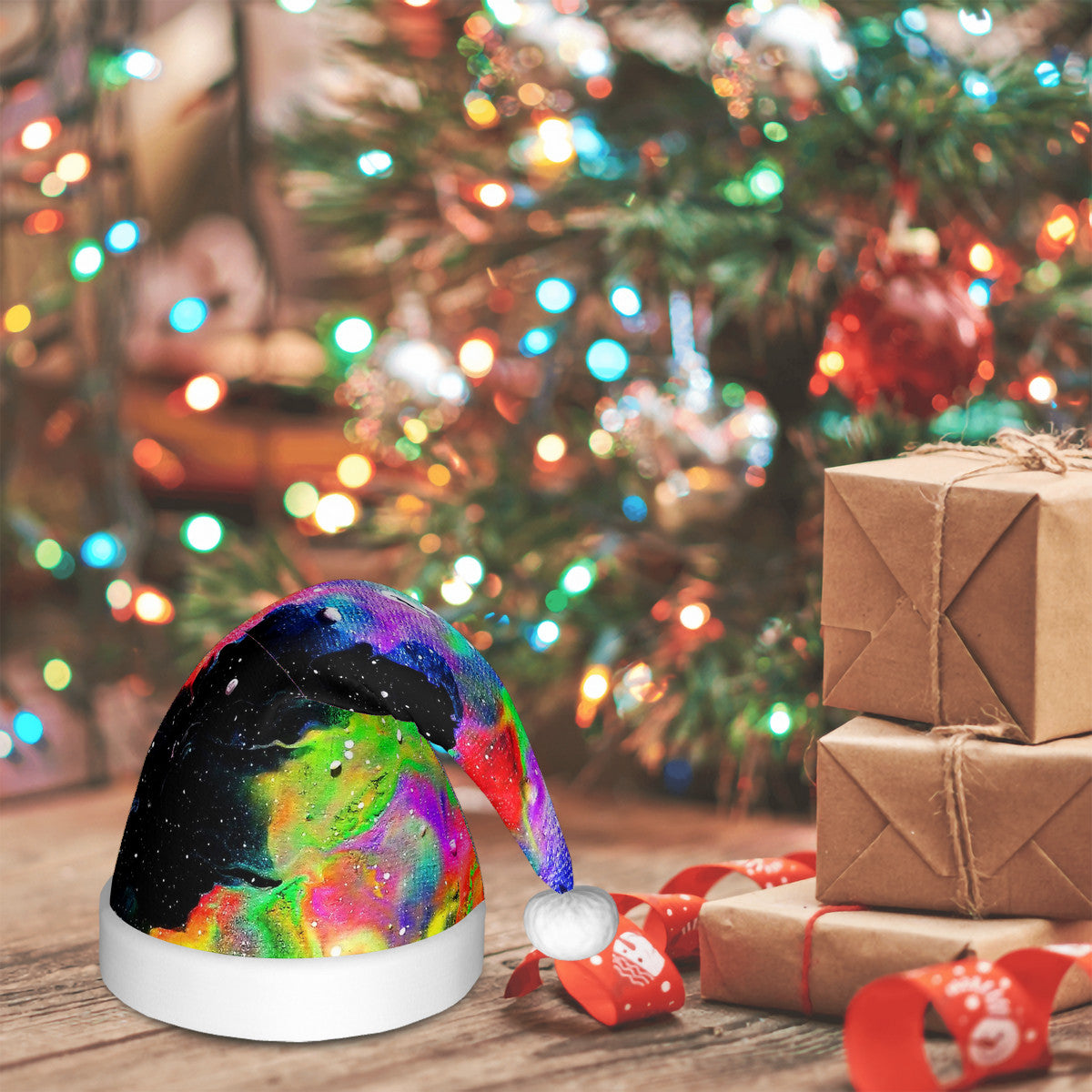 Galactic Rainbow Red Adult Glowing Plush Christmas Hat