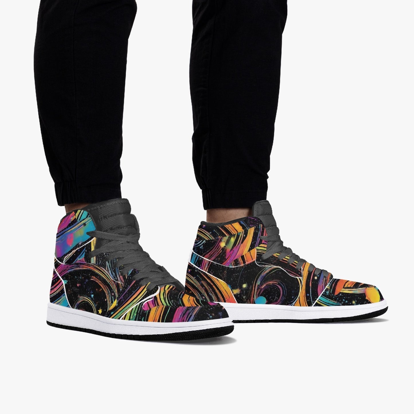 Psychedelic Space AJ1 Black High-Top Leather Sneakers