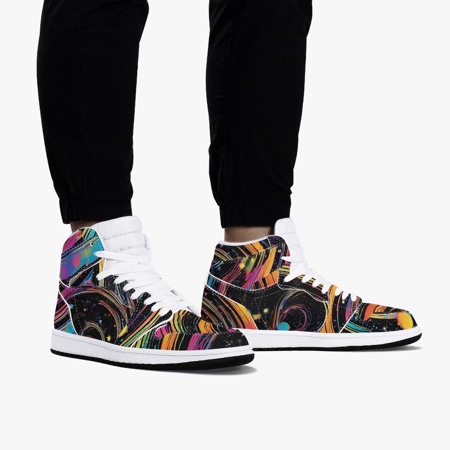 Psychedelic Space AJ1 Black High-Top Leather Sneakers