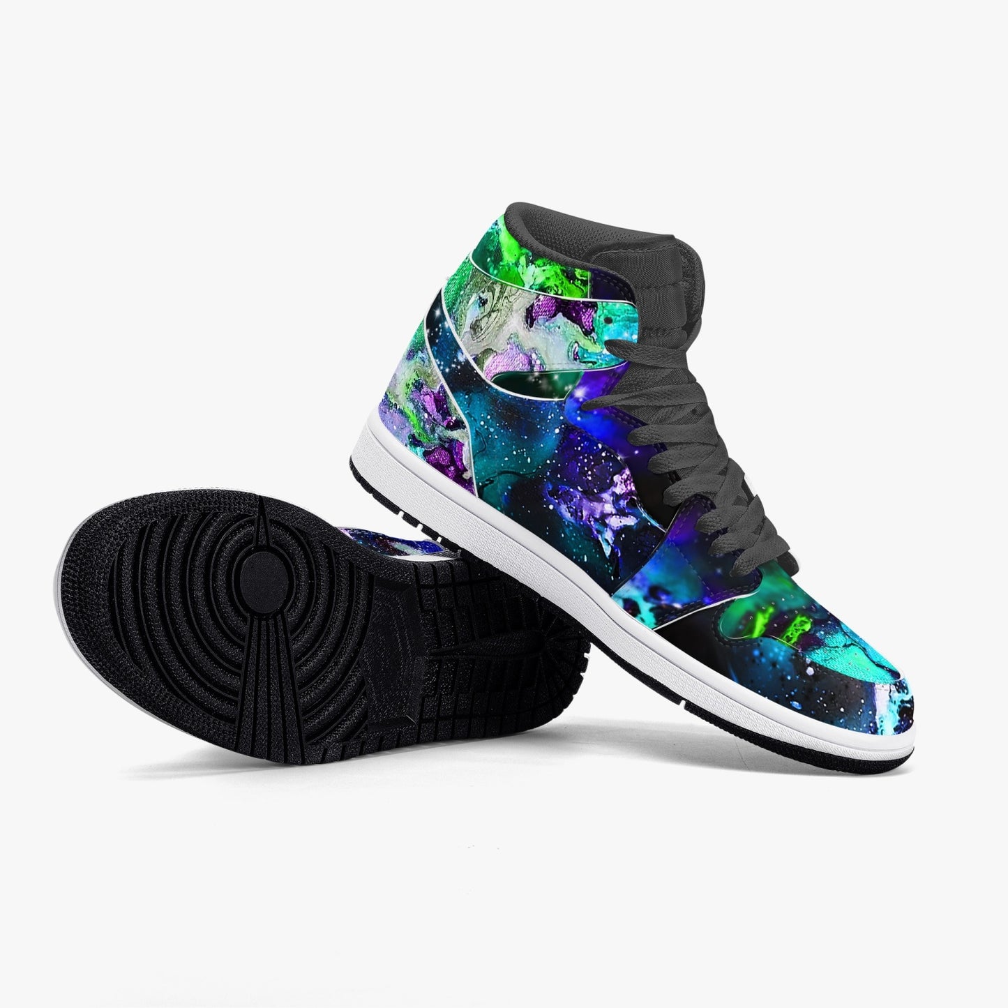 Teal and Purple Galaxy Black High-Top Leather Sneakers