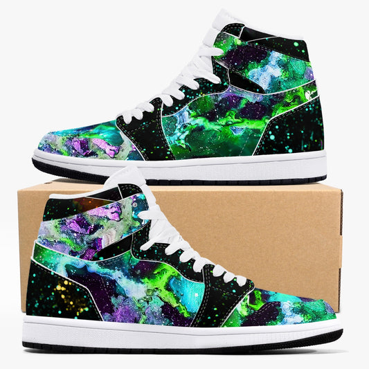 Green Galaxy/Green Star Party  Black High-Top Leather Sneakers
