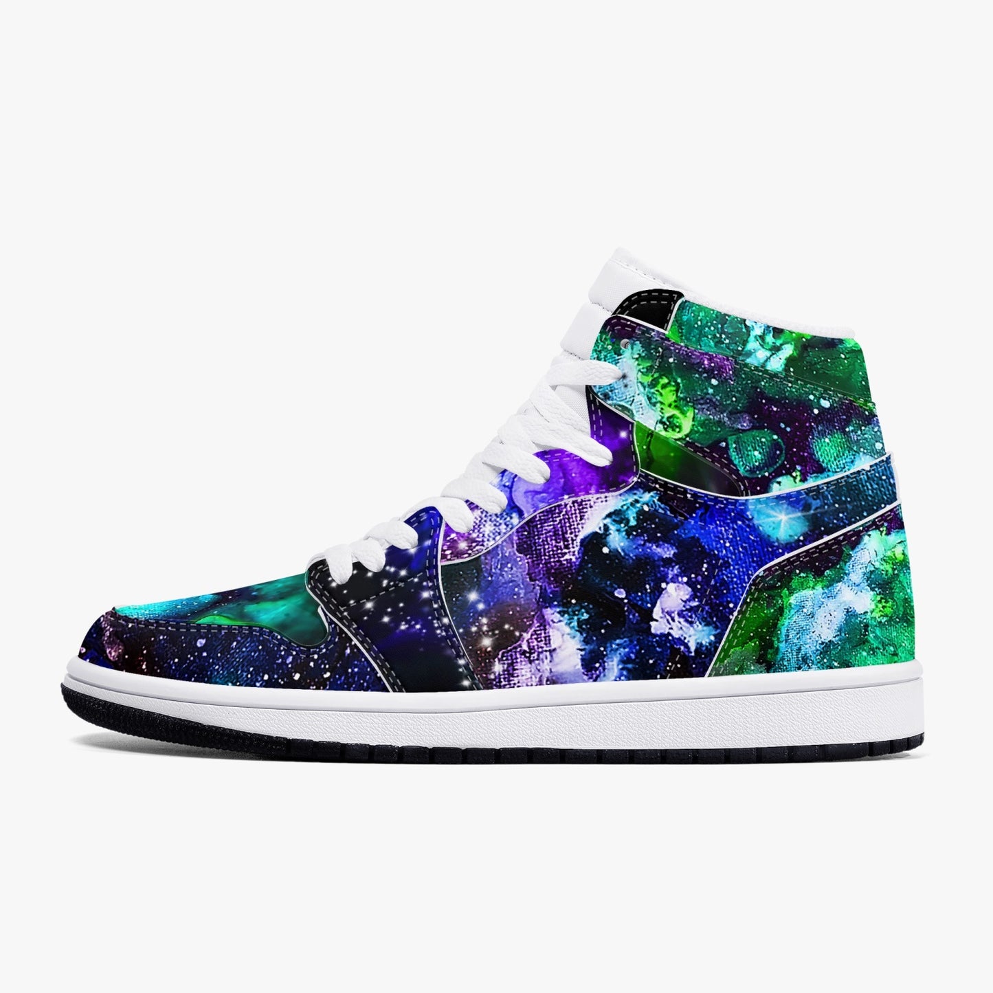 Teal and Purple Galaxy Black High-Top Leather Sneakers