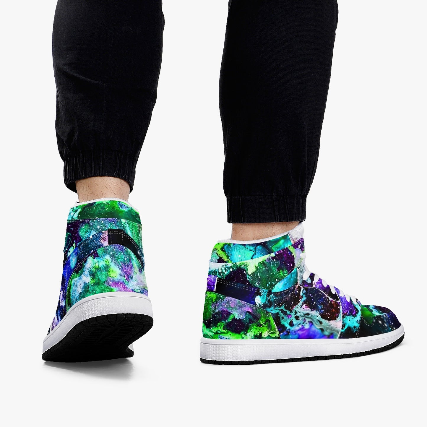 Teal and Purple Galaxy Black High-Top Leather Sneakers