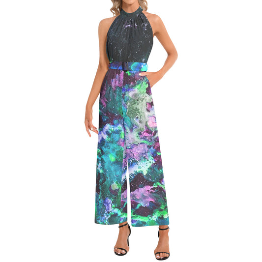 Galactic Darkness/Galaxy: Turquoise Halter Neck Buckle Belted Jumpsuit