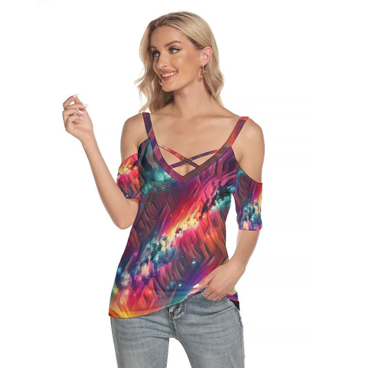 Starry Night Women's Cold Shoulder T-shirt With Criss Cross Strips