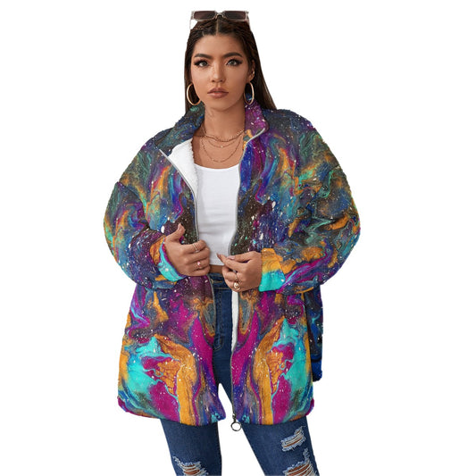 Galactic Paradise Unisex Borg Fleece Stand-up Collar Coat With Zipper Closure(Plus Size)