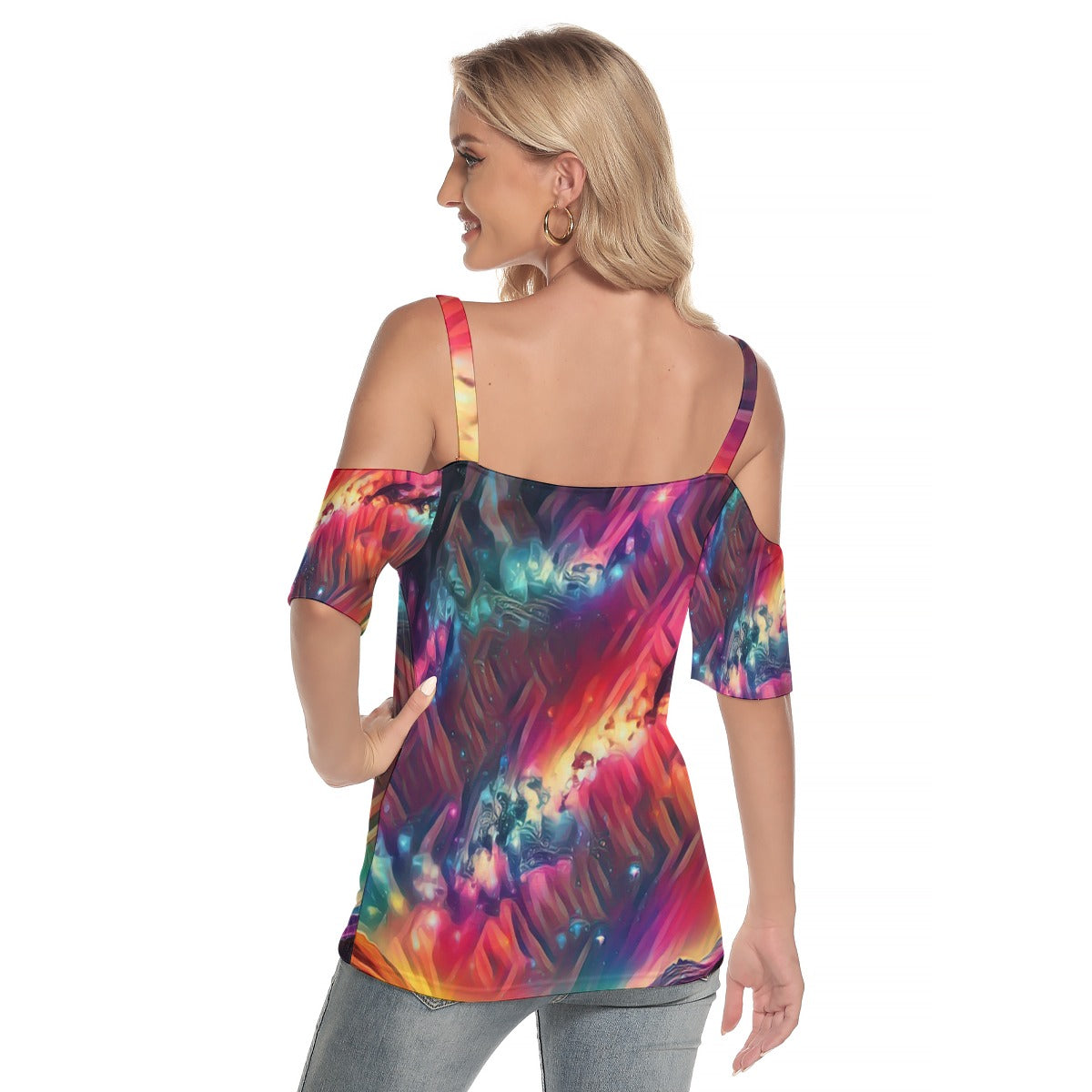 Starry Night Women's Cold Shoulder T-shirt With Criss Cross Strips