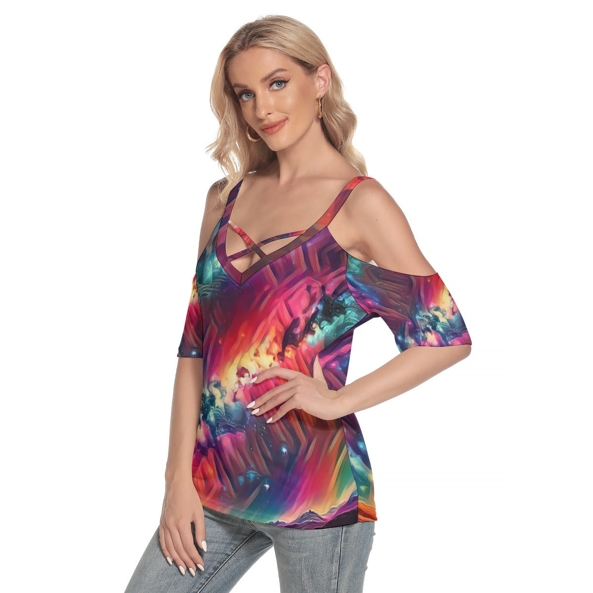 Starry Night Women's Cold Shoulder T-shirt With Criss Cross Strips