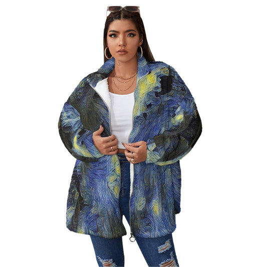 Van Gough Flower Skull Unisex Borg Fleece Stand-up Collar Coat With Zipper Closure(Plus Size)